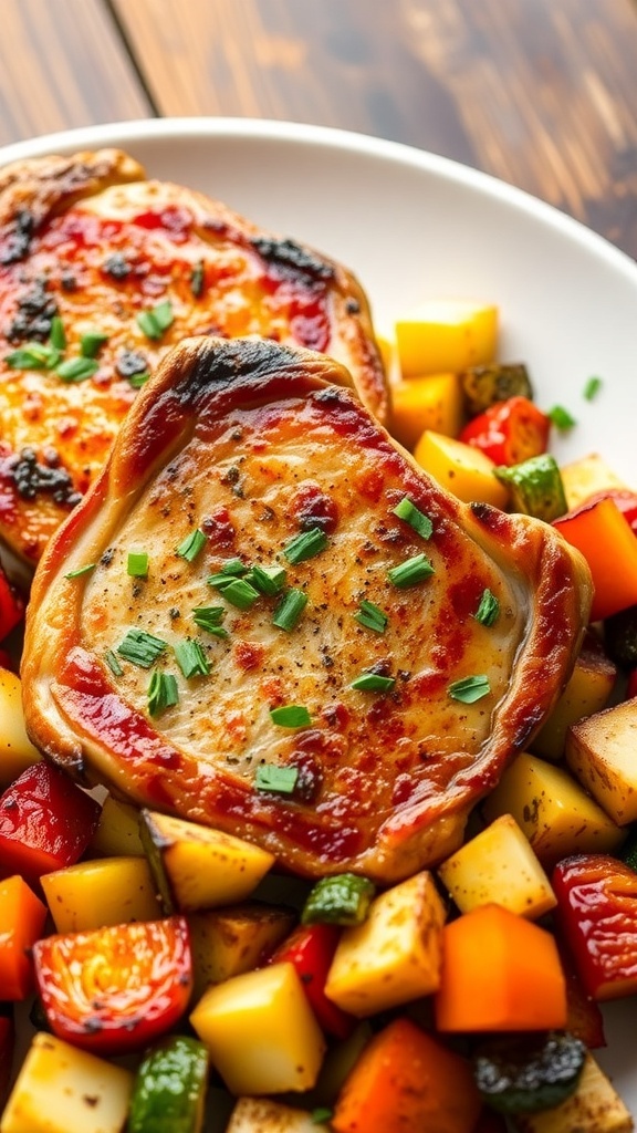 Juicy air fryer boneless pork chops garnished with herbs, served with roasted vegetables on a rustic table.